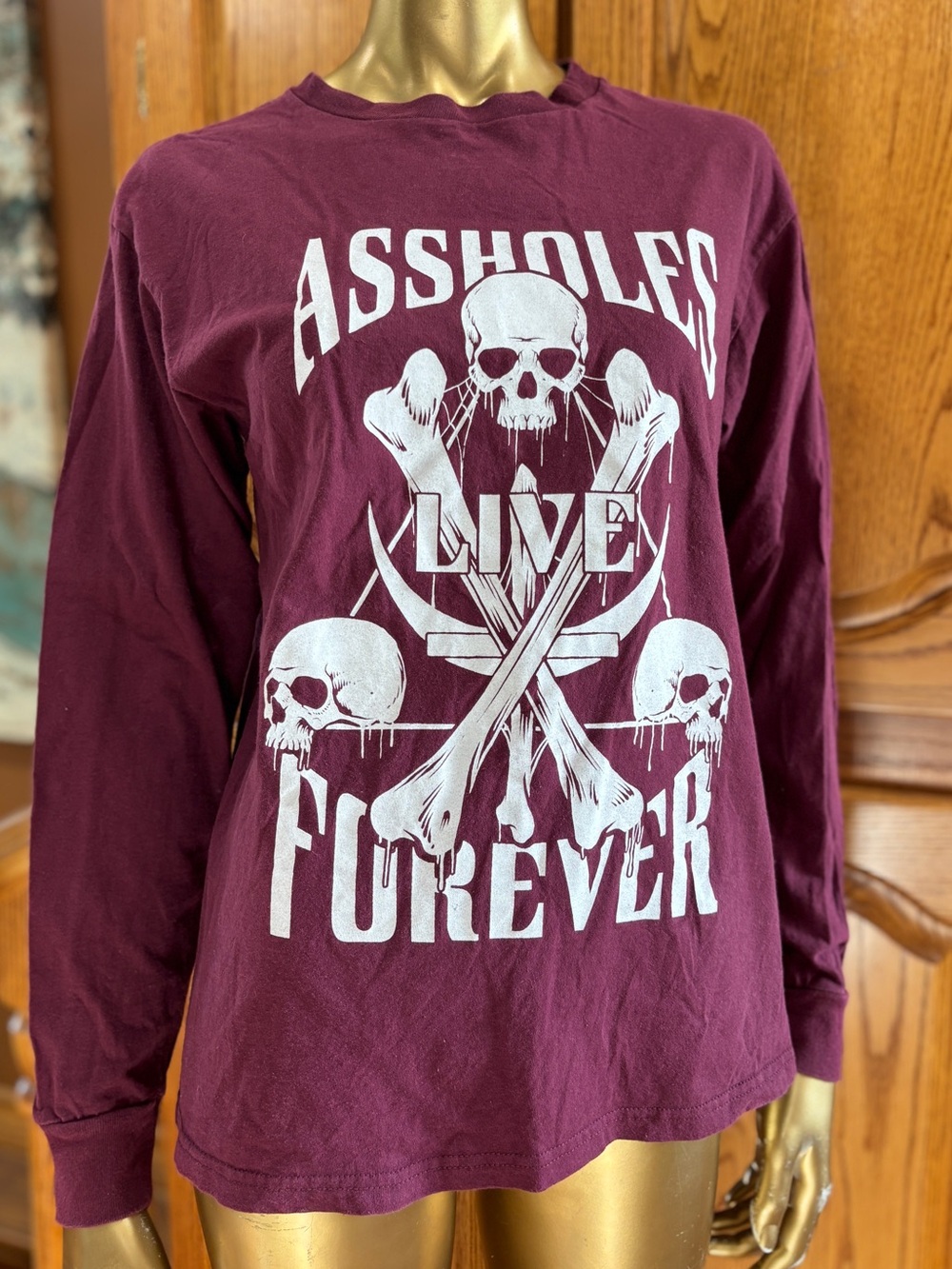 Maroon Long-Sleeve Graphic Tee with Skull & Crossbones Print